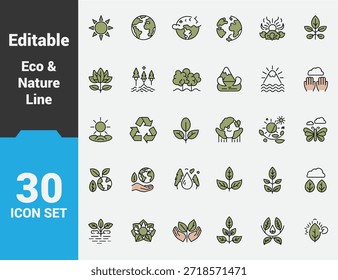 Iconos de línea de Naturaleza y medio ambiente editables Símbolos ecológicos de sostenibilidad, reciclaje y conciencia climática