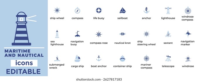 Editable nautical line icons of ships, sea tools, and marine themes—perfect for travel, education, and marine branding.