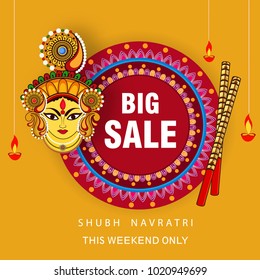 Editable navratri vector composed of floral round rangoli with big sale text at center and goddess durga face with dandiya stick for hindu new year celebration
