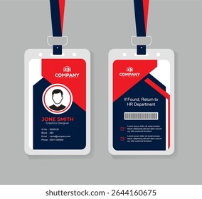 Editable Navy Blue and Red Staff ID Card Template with QR Code for Business, Office, and Corporate Use