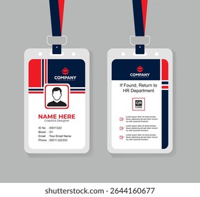 Editable Navy Blue and Red Staff ID Card Template with QR Code for Business, Office, and Corporate Use