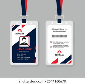 Editable Navy Blue and Red Staff ID Card Template with QR Code for Business, Office, and Corporate Use