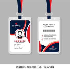 Editable Navy Blue and Red Staff ID Card Template with QR Code for Business, Office, and Corporate Use