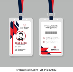 Editable Navy Blue and Red Staff ID Card Template with QR Code for Business, Office, and Corporate Use