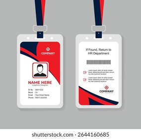 Editable Navy Blue and Red Staff ID Card Template with QR Code for Business, Office, and Corporate Use