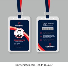 Editable Navy Blue and Red Staff ID Card Template with QR Code for Business, Office, and Corporate Use