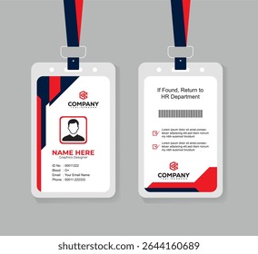 Editable Navy Blue and Red Staff ID Card Template with QR Code for Business, Office, and Corporate Use
