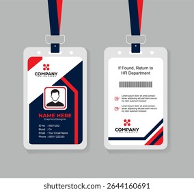 Editable Navy Blue and Red Staff ID Card Template with QR Code for Business, Office, and Corporate Use