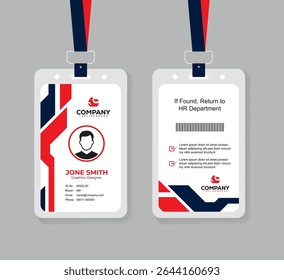 Editable Navy Blue and Red Staff ID Card Template with QR Code for Business, Office, and Corporate Use