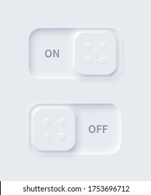 Editable neomorphism on off lettering square shape power button set. Slider for website, mobile menu, navigation and application. Realistic vector design. UI component isolated on white background