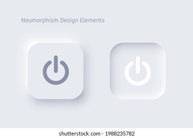 Editable neomorphism on off square shape power button set. Objects for website, mobile menu, navigation and application. Realistic vector design. UI component isolated on white background