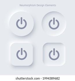 Editable neomorphism on off square and round shape power buttons set. Objects for website, mobile menu, navigation and application. Realistic vector design. UI component isolated on white background