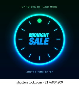 Editable Neon Midnight Sale sign on dark background inside a neon clock with the moon. Up to 50% off and more. Limited time offer. Glowing lines concept. Vector Illustration. EPS 10. 
 - Shutterstock ID 2176984209