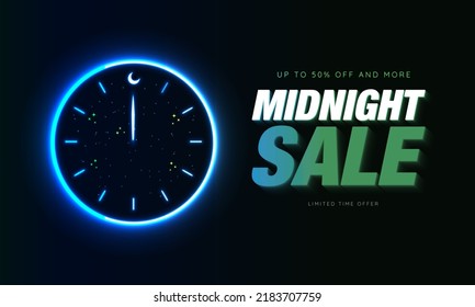 Editable Neon Midnight Sale sign banner on dark background. Neon clock with neon hand on the moon as twelve midnight. Up to 50% off and more. Limited time offer. Vector Illustration. EPS 10. - Shutterstock ID 2183707759