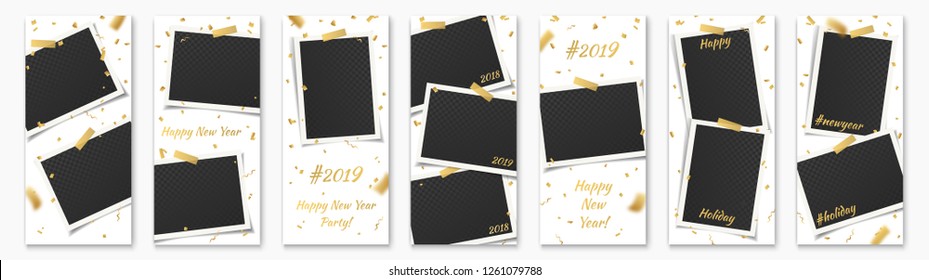 Editable New Year 2019, Holiday Social Network Stories Background Template Set with Photo Frames and Adhesive Tapes, Stickers for App Design. Vector Mock up, Story Collection with Golden Confetti. 