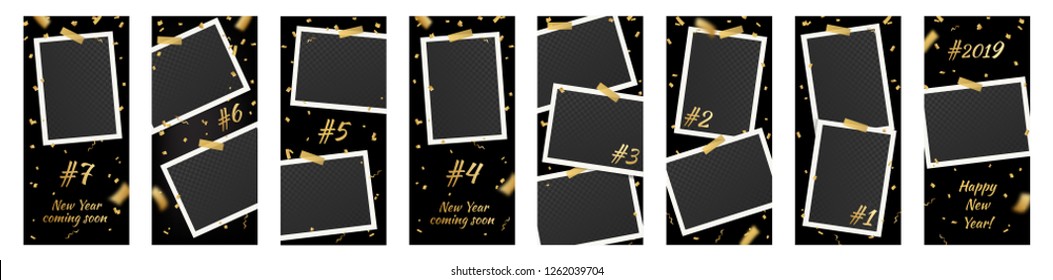 Editable New Year 2019, Holiday Social Network Stories Background Template Set with Countdown, Photo Frames and Adhesive Tapes, Stickers for Design. Vector Mock up, Story Collection with Gold Confetti