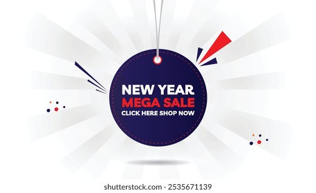 Editable New Year Mega Sale banner template design featuring 'Click Here Shop Now' text with a light yellow and dark blue gradient, red shapes on a white background, perfect for holiday sales promo