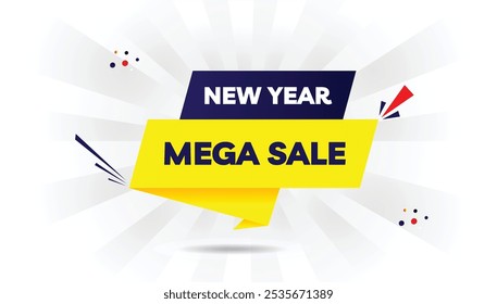 Editable New Year Mega Sale banner template design with light yellow and dark blue gradient, white background, and bold red shapes – perfect for holiday discounts and promotional sales