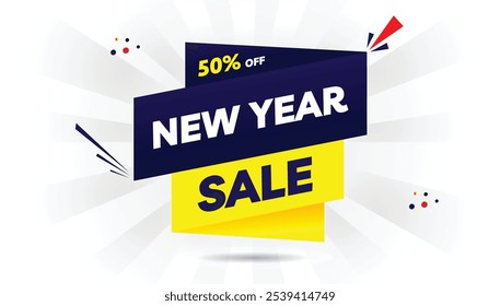 Rebajas de Nuevo año editables 50% de descuento en Plantilla de Anuncio con degradado amarillo claro y azul oscuro, fondo blanco y Formas rojas ¡Perfecto para promociones de Festiva y descuentos de temporada!