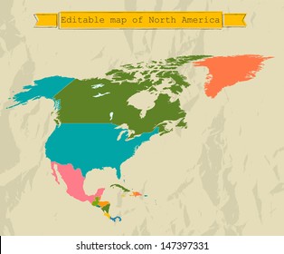 Editable North America  map with all countries. Vector illustration EPS8