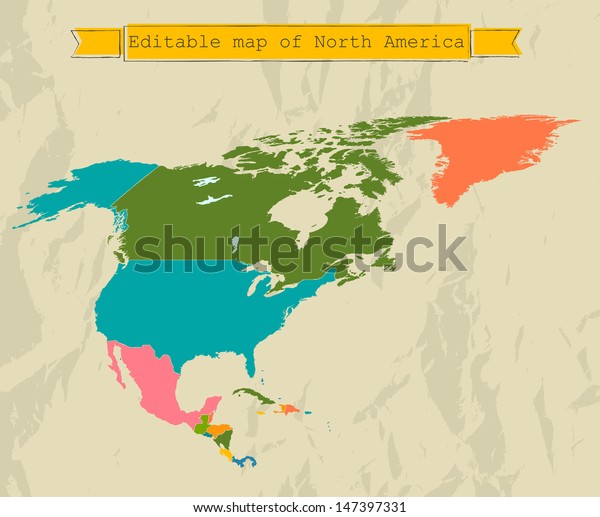 Editable North America map with all countries. Vector illustration EPS8