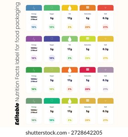 Conjunto de etiquetas editables de información nutricional para el diseño de envases de alimentos con iconos de porcentaje de GDA de ingesta diaria de referencia en varios Colores