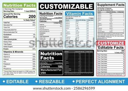 Editable Nutrition Facts Template Design, Customize Nutrition Label Template, Supplement Facts, Supplement Label, Vitamin Facts, Editable Label Design