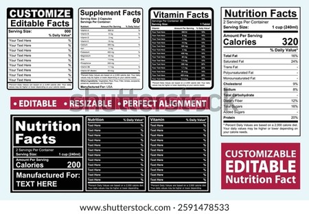 Editable Nutrition Facts Template Design, Customize Nutrition Label Template, Supplement Facts, Supplement Label, Vitamin Facts, Editable Label Design