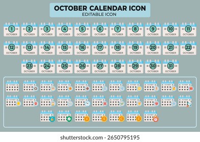 Ensemble d'icônes modifiables du calendrier d'octobre affichant tous les jours du mois avec divers recouvrements de symboles