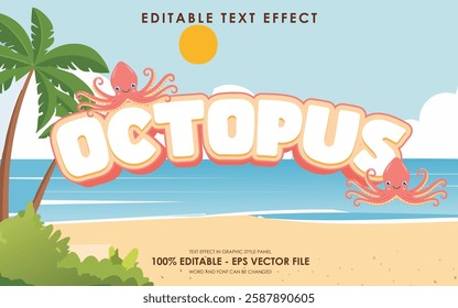 editable octopus sea animal text effect, with beach background and cute octopus illustrations