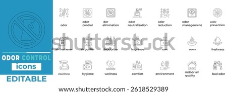 Editable odor control line art and vector icons for cleaning, hygiene, and air care industries. Minimalist, scalable, and print ready.