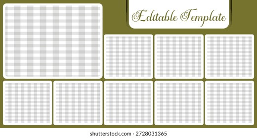 Editable olive green photo collage template featuring nine rectangular image placeholders. Suitable for social media posts, digital layouts, presentations, and multipurpose visual design projects. Clean and minimal frame layout for customizable image displays.