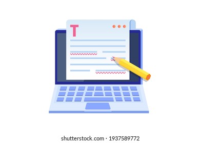 Editable online document. Blogger, copywriter or journalist concept. Editor work. Creative writing and storytelling, copywriting . Online education, distant learning. Vector illustration.