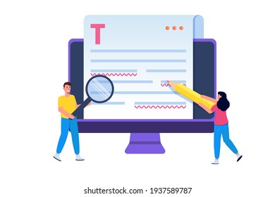 Documento en línea modificable. Bloguero, redactor de copias o concepto de periodista. Trabajo del editor. Escritura creativa y narración de historias, copywriter . Educación en línea, aprendizaje distante. Ilustración vectorial.