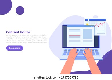 Documento en línea modificable. Bloguero, redactor de copias o concepto de periodista. Trabajo del editor. Escritura creativa y narración de historias, copywriter . Educación en línea, aprendizaje distante. Ilustración vectorial.