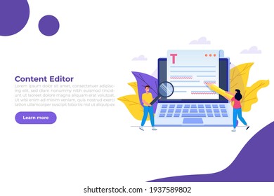 Editable online document. Blogger, copywriter or journalist concept. Editor work. Creative writing and storytelling, copywriting . Online education, distant learning. Vector illustration.