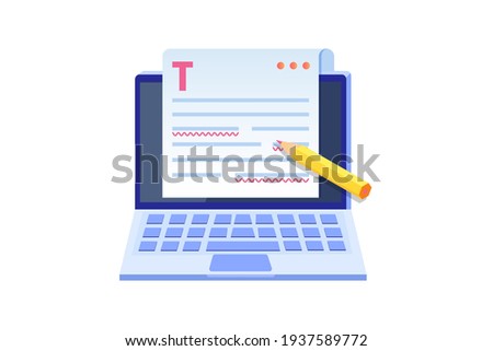 Editable online document. Blogger, copywriter or journalist concept. Editor work. Creative writing and storytelling, copywriting . Online education, distant learning. Vector illustration.