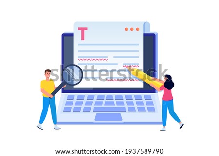 Editable online document. Blogger, copywriter or journalist concept. Editor work. Creative writing and storytelling, copywriting . Online education, distant learning. Vector illustration.