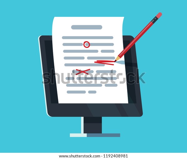 Editable online\
document. Computer documentation, essay writing and editing.\
Copywriter and text editor vector concept. Document online editing,\
storytelling content\
illustration