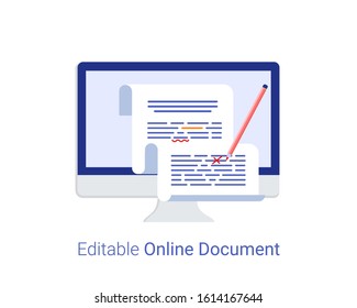 Editable online document concept. Computer documentation, easy editing. Laptop with writing letter and red pencil. Correction of errors in the document. Trendy flat style. Vector illustration.