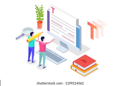 Editable online document. Creative writing and storytelling, copywriting . Online education, distant learningconcept. Isometric Vector illustration.
