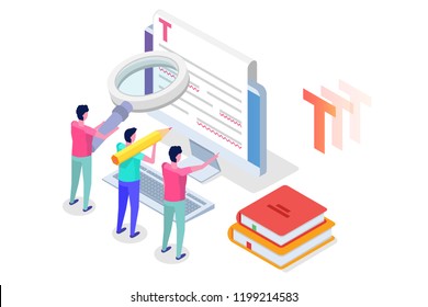 Editable online document. Creative writing and storytelling, copywriting . Online education, distant learningconcept. Isometric Vector illustration.