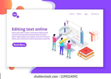 Editable online document. Creative writing and storytelling, copywriting . Online education, distant learningconcept. Isometric Vector illustration.