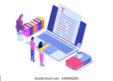 Editable Online Document. Creative Writing And Storytelling, Copywriting . Online Education, Distant Learningconcept. Isometric Vector Illustration.