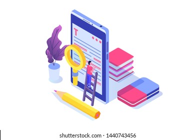 Editable online document. Creative writing and storytelling, copywriting . Online education, distant learning concept. Vector illustration.