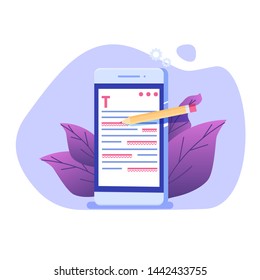 Editable online document. Creative writing and storytelling, copywriting . Online education, distant learning concept. Vector illustration.