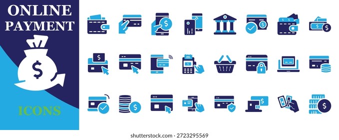 Conjunto de ícones de banco digital e pagamento online editável. Finanças, transferência de dinheiro, cartão de crédito, carteira e e-commerce símbolos vetoriais em estilo sólido azul.