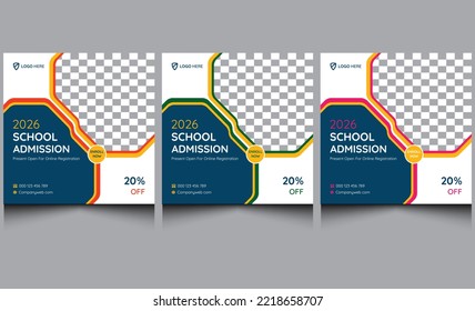 Editable online school admission education social media web banner post design. Colorful modern digital kids back to school admission promotion square  social media banner ad post template design. 