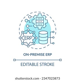 Editable on-premise ERP blue icon concept, isolated vector, enterprise resource planning thin line illustration.