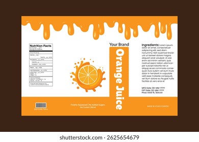 Editable orange juice label design template suitable for beverage bottles and cans.